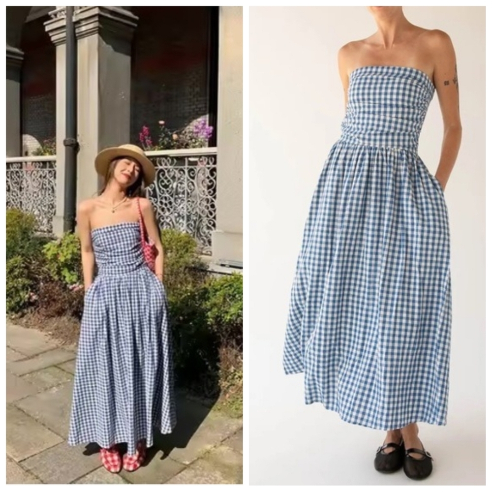 Commense Blue and White Gingham Strapless Midi Dress